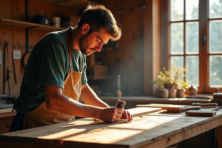 Artisan working in a rustic, sunlit wood workshop in British Columbia
