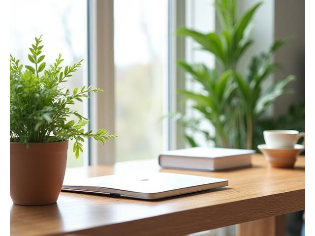 Elegant wooden desk in a sunlit room with plants