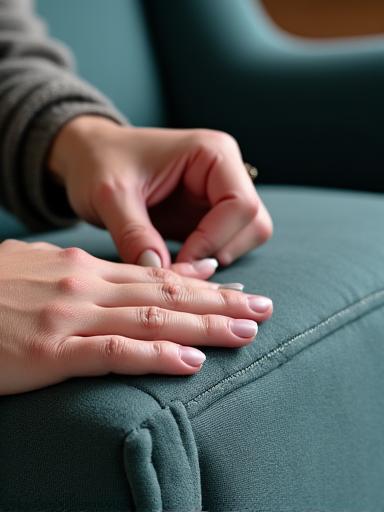 Upholsterer working on a custom armchair with rich fabric