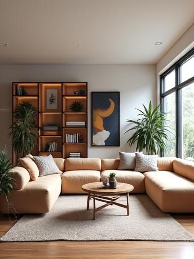 Modern living room with custom furniture and plants, showing cohesive design