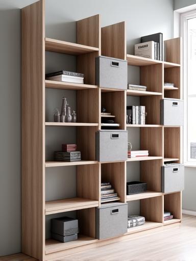 Stylish modular shelving unit adapting to a modern living room