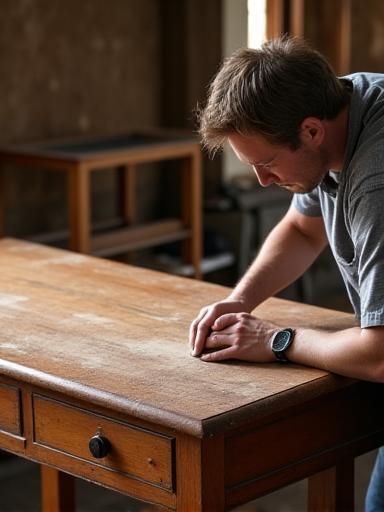 Craftsman carefully sanding a vintage wooden table for restoration